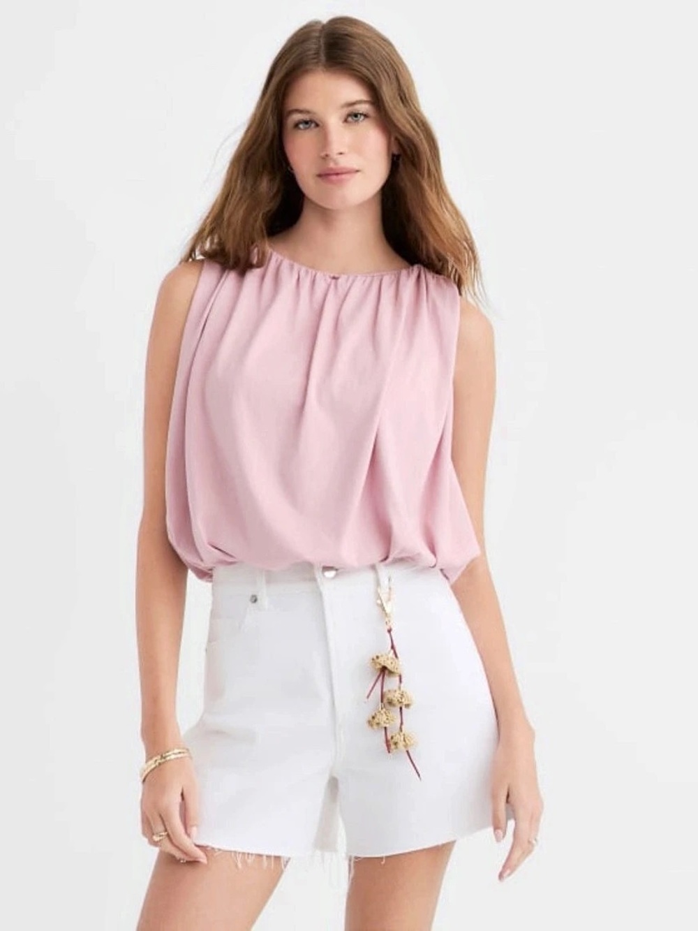 LOFT Ruched Boatneck Bubble Hem Shell GOP